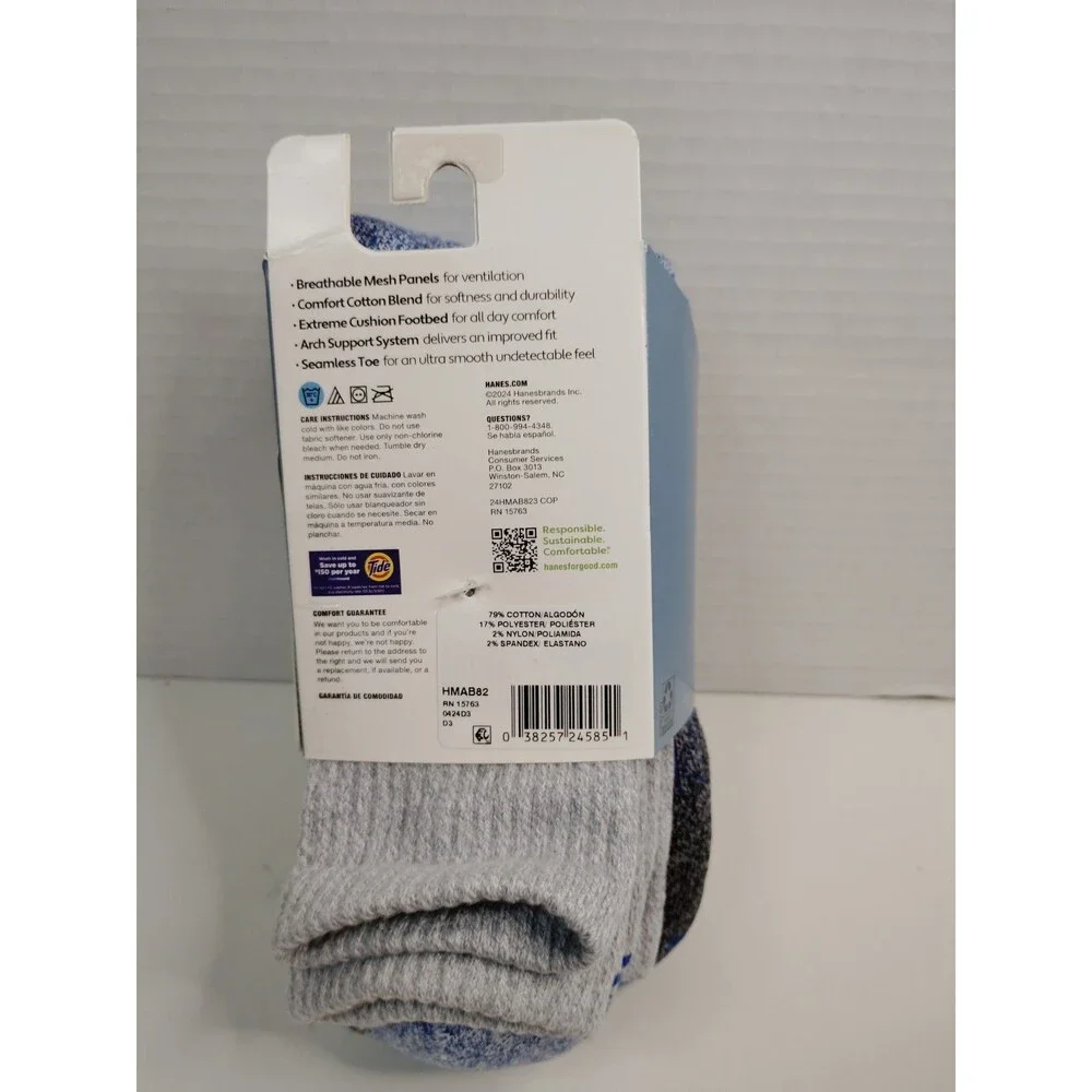 Hanes Absolute Comfort Mid Crew Socks Cushioned Arch Support 3pr 10-12 G/B/W